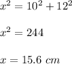 x^{2}=10^{2}+12^{2}\\ \\x^{2}=244\\ \\x=15.6\ cm