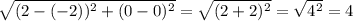 \sqrt{(2-(-2))^2+(0-0)^2} =\sqrt{(2+2)^2}= \sqrt{4^2} = 4