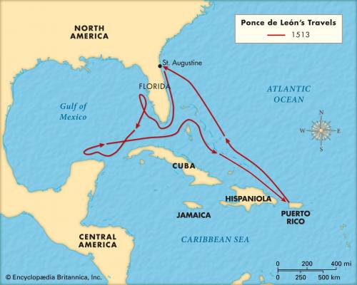 Which letter indicates the route taken by spanish explorer, ponce de león?         