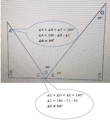 In the figure, angle d measures 71º and angle g measures 37º. what is the measurement of angle a? a)