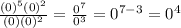 \frac{(0)^5(0)^2}{(0)(0)^2}= \frac{0^7}{0^3}=0^{7-3}=0^4