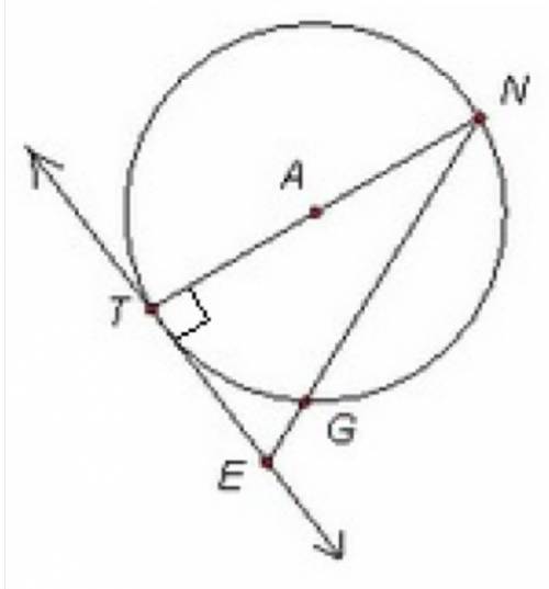 Line et is tangent to circle a at t, and the measure of arc tg is 50°. what is the measure of angle