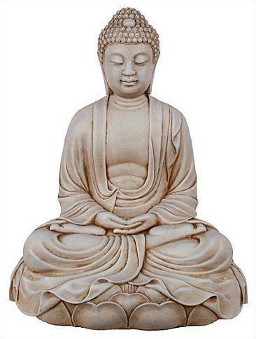 Buddha is always represented as a seated figure with a raised hand and one finger pointing up toward
