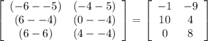 \left[\begin{array}{ccc}(-6--5)&(-4-5)\\(6--4)&(0--4)\\(6-6)&(4--4)\end{array}\right] = \left[\begin{array}{ccc}-1&-9\\10&4\\0&8\end{array}\right]