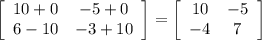 \left[\begin{array}{ccc}10+0&-5+0\\6-10&-3+10\end{array}\right] =  \left[\begin{array}{ccc}10&-5\\-4&7\end{array}\right]