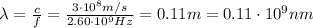 \lambda= \frac{c}{f}= \frac{3\cdot 10^8 m/s}{2.60 \cdot 10^9 Hz} =0.11 m=0.11 \cdot 10^9 nm