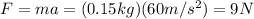 F=ma=(0.15 kg)(60 m/s^2)=9 N