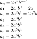 a_n=2a^nb^{n-1}\\&#10;a_1=2a^1b^0=2a\\&#10;a_2=2a^2b^1=2a^2b\\&#10;a_3=2a^3b^2\\&#10;a_4=2a^4b^3\\&#10;a_5=2a^5b^4\\&#10;a_6=2a^6b^5\\