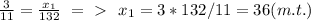 \frac{3}{11} = \frac{x_1}{132} \ =\ \textgreater \  \ x_1=3*132/11=36(m.t.)