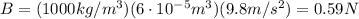B=(1000 kg/m^3)(6 \cdot 10^{-5} m^3)(9.8 m/s^2)=0.59 N