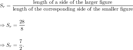 S_r=\dfrac{\textup{length of a side of the larger figure}}{\textup{length of the corresponding side of the smaller figure}}\\\\\\\Rightarrow S_r=\dfrac{28}{8}\\\\\\\Rightarrow S_r=\dfrac{7}{2}.