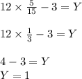 12 \times \frac{5}{15} - 3 = Y \\\\ 12 \times \frac{1}{3} -3 = Y \\\\ 4 -3 = Y \\ Y =1