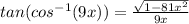 tan(cos^{-1}(9x))=\frac{\sqrt{1-81x^{2}}}{9x}