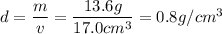 d=\dfrac{m}{v} = \dfrac{13.6g}{17.0cm^3} = 0.8g/cm^3