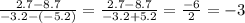 \frac{2.7-8.7}{-3.2-(-5.2)}=\frac{2.7-8.7}{-3.2+5.2}=\frac{-6}{2}=-3