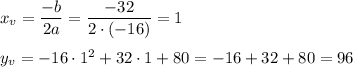 x_v=\dfrac{-b}{2a}=\dfrac{-32}{2\cdot (-16)}=1\\ \\y_v=-16\cdot 1^2+32\cdot 1+80=-16+32+80=96