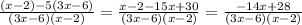 \frac{(x-2)-5(3x-6)}{(3x-6)(x-2)} =  \frac{x-2-15x+30}{(3x-6)(x-2)}= \frac{-14x+28}{(3x-6)(x-2)}