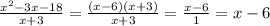 \frac{x^{2}-3x-18} {x+3}= \frac{(x-6)(x+3)}{x+3}= \frac{x-6}{1}=x-6