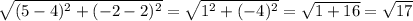 \sqrt{(5-4)^2+(-2-2)^2}=\sqrt{1^2+(-4)^2}=\sqrt{1+16}=\sqrt{17}
