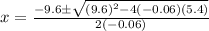 x=\frac{-9.6 \pm \sqrt{(9.6)^2-4(-0.06)(5.4)}}{2(-0.06)}