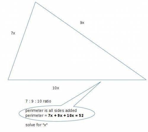 The lengths of the sides of a triangle are in the extended ratio 7 :  9 :  10. the perimeter of the