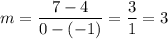 m=\dfrac{7-4}{0-(-1)}=\dfrac{3}{1}=3