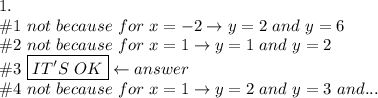 1.\\\#1\ not\ because\ for\ x=-2\to y=2\ and\ y=6\\\#2\ not\ because\ for\ x=1\to y=1\ and\ y=2\\\#3\ \boxed{IT'S\ OK}\leftarrow answer\\\#4\ not\ because\ for\ x=1\to y=2\ and\ y=3\ and...