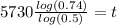 5730\frac{log(0.74)}{log(0.5)} =t