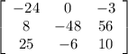 \left[\begin{array}{ccc}-24&0&-3\\8&-48&56\\25&-6&10\end{array}\right]