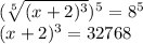 (\sqrt[5]{(x+2)^{3} } )^{5} =8^{5} \\(x+2)^{3} =32768