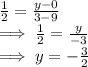 \frac{1}{2}=\frac{y-0}{3-9}\\\implies \frac{1}{2}=\frac{y}{-3}\\\implies y=-\frac{3}{2}