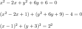 x^2-2x+y^2+6y+6=0\\\\(x^2-2x+1)+(y^2+6y+9)-4=0\\\\(x-1)^2+(y+3)^2=2^2