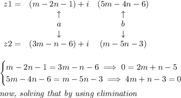 \begin{array}{cccll}&#10;z1=&(m-2n-1)+i&(5m-4n-6)\\&#10;&\uparrow &\uparrow \\&#10;&a&b\\&#10;&\downarrow &\downarrow \\&#10;z2=&(3m-n-6)+i&(m-5n-3)&#10;\end{array}&#10;\\ \quad \\&#10;&#10;\begin{cases}&#10;m-2n-1=3m-n-6\implies 0=2m+n-5\\&#10;5m-4n-6=m-5n-3\implies 4m+n-3=0&#10;\end{cases}&#10;\\ \quad \\&#10;\textit{now, solving that by using elimination}