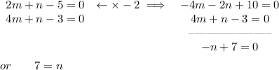 \begin{array}{llcll}&#10;2m+n-5=0&\leftarrow \times -2\implies &-4m-2n+10=0\\&#10;4m+n-3=0&&4m+n-3=0\\&#10;&&\textendash\textendash\textendash\textendash\textendash\textendash\textendash\textendash\textendash\textendash\textendash\textendash\textendash\textendash\\&#10;&&-n+7=0&#10;\end{array}&#10;\\ \quad \\&#10;or\qquad 7=n