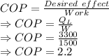 COP=\frac{Desired\ effect}{Work}\\\Rightarrow COP=\frac{Q_L}{W}\\\Rightarrow COP=\frac{3300}{1500}\\\Rightarrow COP=2.2