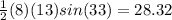 \frac{1}{2}(8)(13)sin(33)=28.32