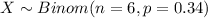 X \sim Binom(n=6, p=0.34)