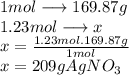 1 mol \longrightarrow 169.87 g\\1.23 mol\longrightarrow x\\x=\frac{1.23 mol. 169.87g}{1 mol} \\x= 209 g AgNO_3