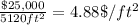 \frac{\$25,000}{5120 ft^2}=4.88 \$/ft^2