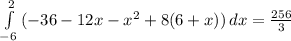 \int\limits^2_{-6}{(-36-12x-x^2+8(6+x))} \, dx=\frac{256}{3}