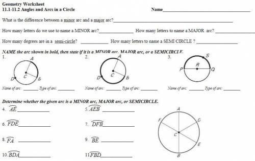 Geometry worksheet 11.1-11.2 angles and arcs in a circle  what is the difference between a minor arc
