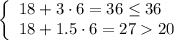 \left\{\begin{array}{l}18+3\cdot 6=36\le 36\\ 18+1.5\cdot 6=27 20\end{array}\right.