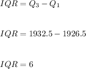 IQR=Q_3-Q_1\\\\\\IQR=1932.5-1926.5\\\\\\IQR=6