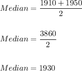 Median=\dfrac{1910+1950}{2}\\\\\\Median=\dfrac{3860}{2}\\\\\\Median=1930