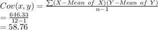 Cov(x,y)=\frac{\sum(X-Mean\ of\ X)(Y-Mean\ of\ Y)}{n-1}\\=\frac{646.33}{12-1}\\ =58.76