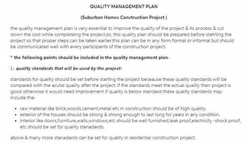 Suburban Homes Construction Project Quality Management Plan (QMP)  Prepare a quality management plan