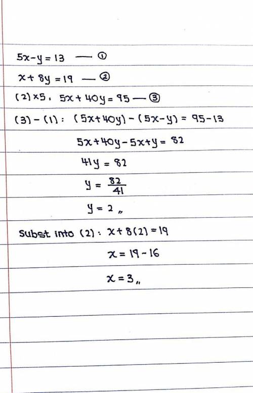 5x-y=13  X+8y=19  Solve by the elimination method