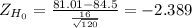 Z_{H_0}= \frac{81.01-84.5}{\frac{16}{\sqrt{120} } } = -2.389