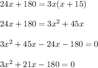 24x+180=3x(x+15)\\\\24x+180=3x^2+45x\\\\3x^2+45x-24x-180=0\\\\3x^2+21x-180=0