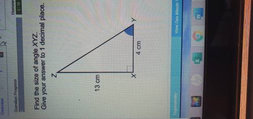 Find the size of angle XYZ give your answer to 1 decimal place 13cm 4cm